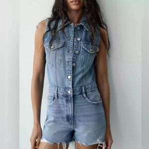 ZARA TRF DENIM MINI JUMPSUIT ROMPER SHORTS S